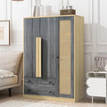 Armoire Wardrobe Closet with 2 Drawers and 3 Doors, Bedroom Armoire Wardrobe Cabinet with Hanging Rod and Rattan Door,Wooden Clo