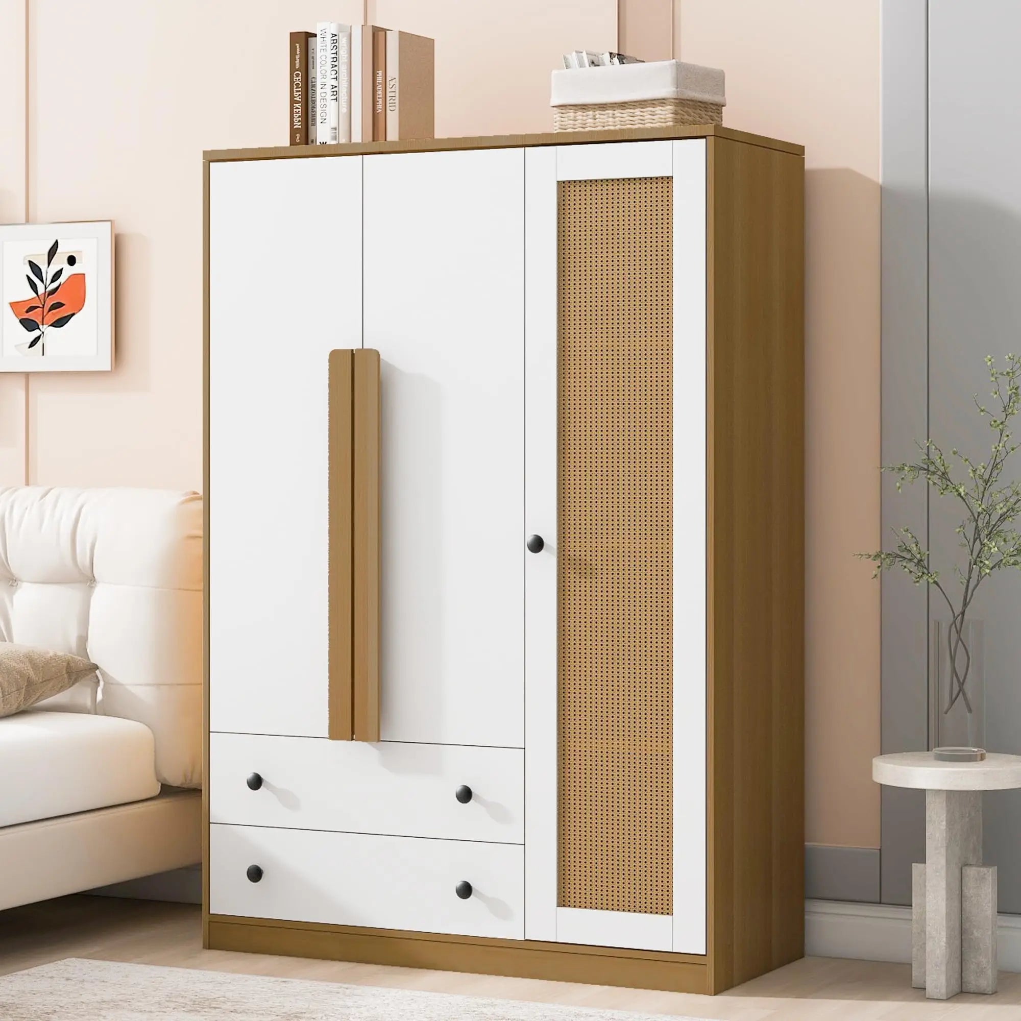 Armoire Wardrobe Closet with 2 Drawers and 3 Doors, Bedroom Armoire Wardrobe Cabinet with Hanging Rod and Rattan Door,Wooden Clo