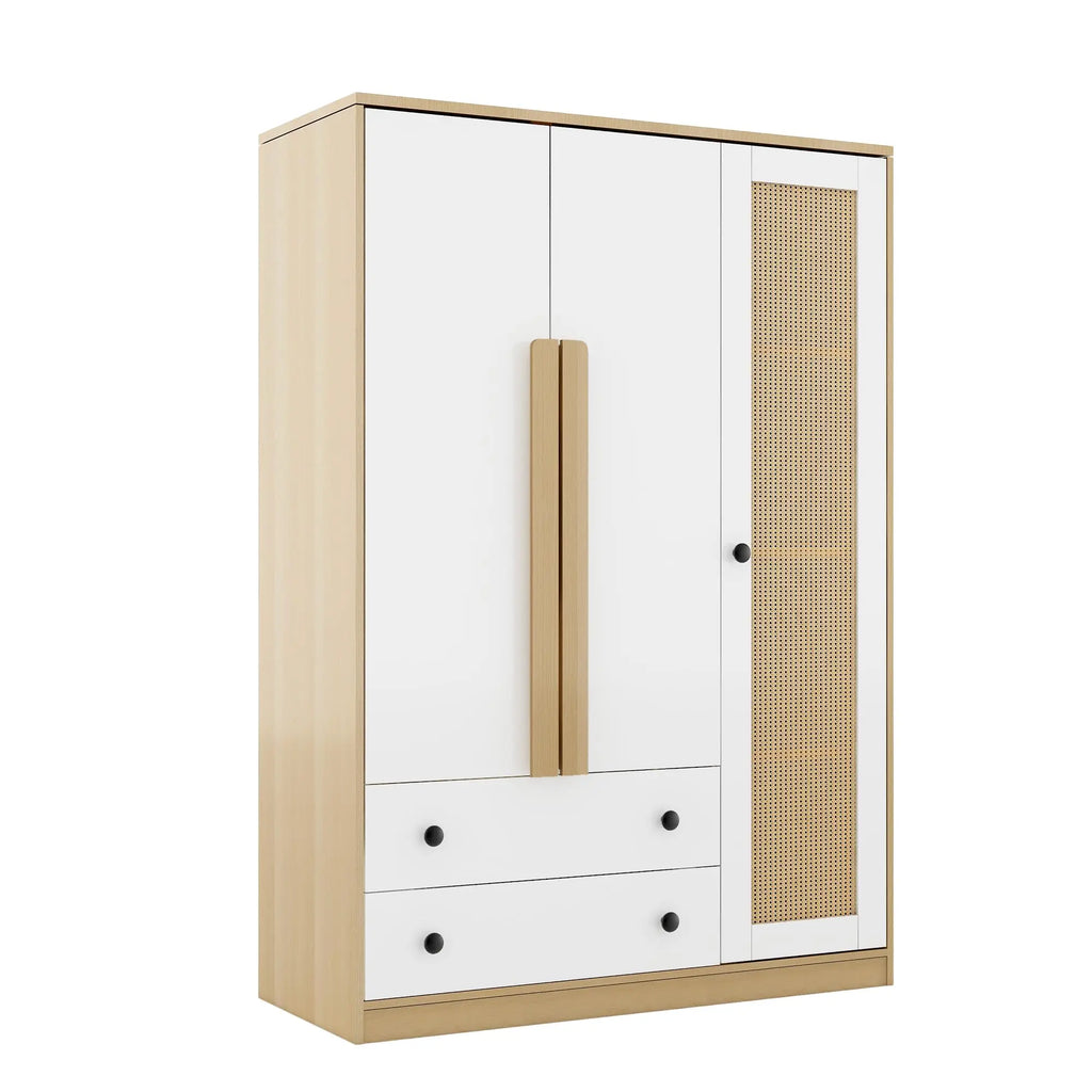 Armoire Wardrobe Closet with 2 Drawers and 3 Doors, Bedroom Armoire Wardrobe Cabinet with Hanging Rod and Rattan Door,Wooden Clo