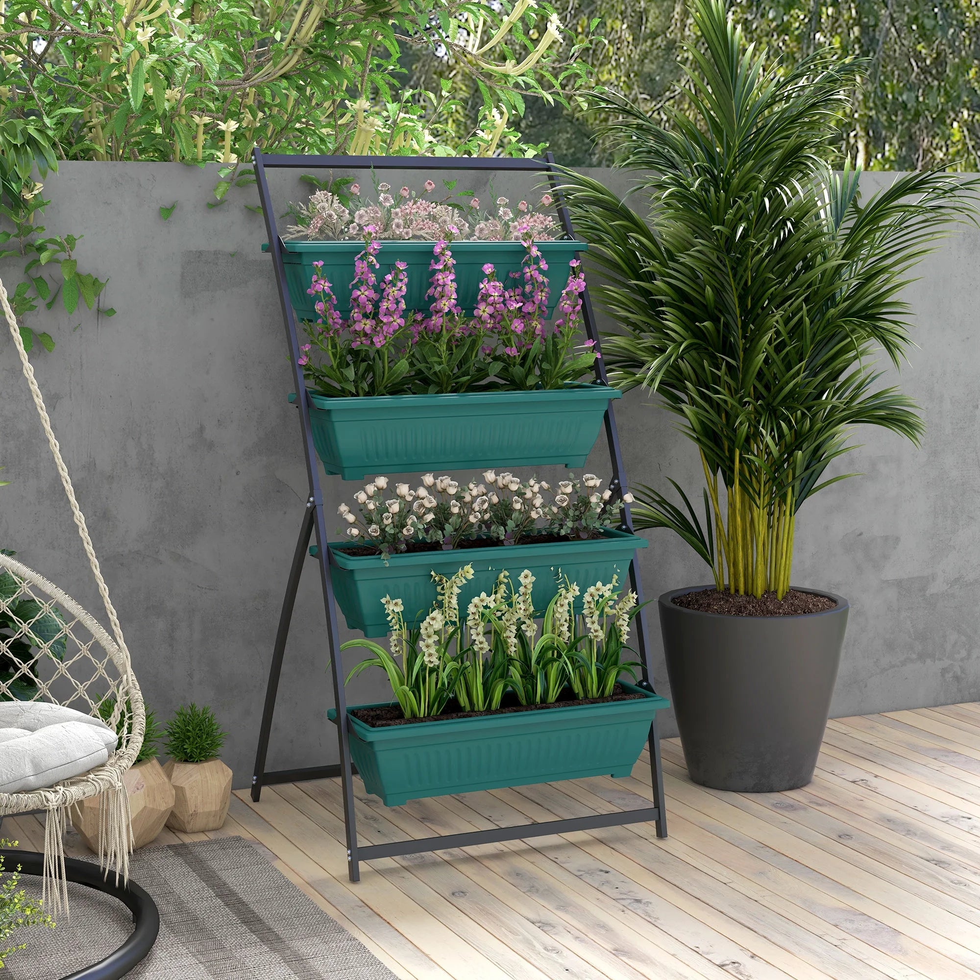 Raised Garden Bed, 4 Tier Vertical Garden Planter Set, 4 Outdoor Planter Boxes with Stand, Self Draining Design Elevated Garden for Vegetable, Flowers & Herbs, Green