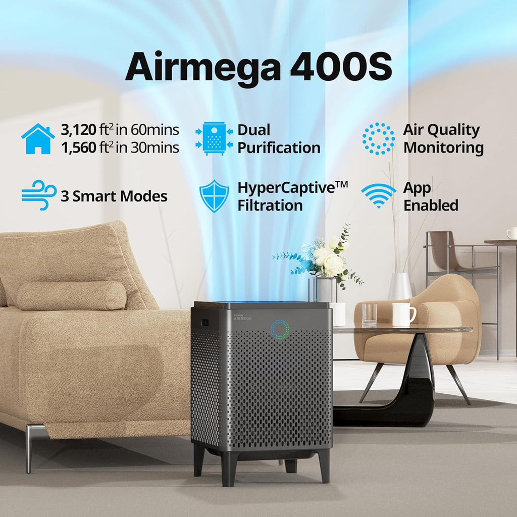 Transform Your Home's Air Quality with the Airmega 400S Graphite HEPA Air Purifier – Perfect for Large Spaces up to 3,120 Sq. Ft. with Smart Technology and 5-Year Warranty!