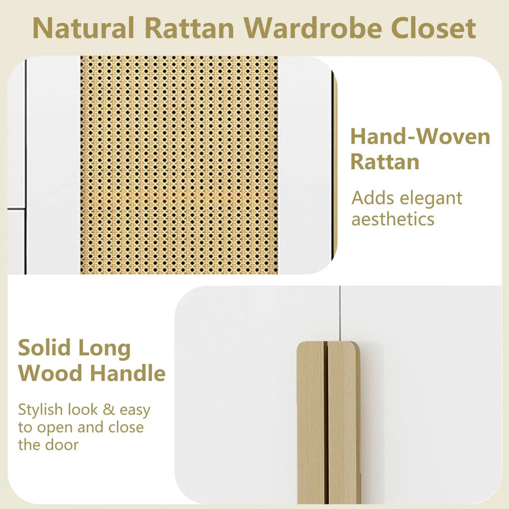 Armoire Wardrobe Closet with 2 Drawers and 3 Doors, Bedroom Armoire Wardrobe Cabinet with Hanging Rod and Rattan Door,Wooden Clo