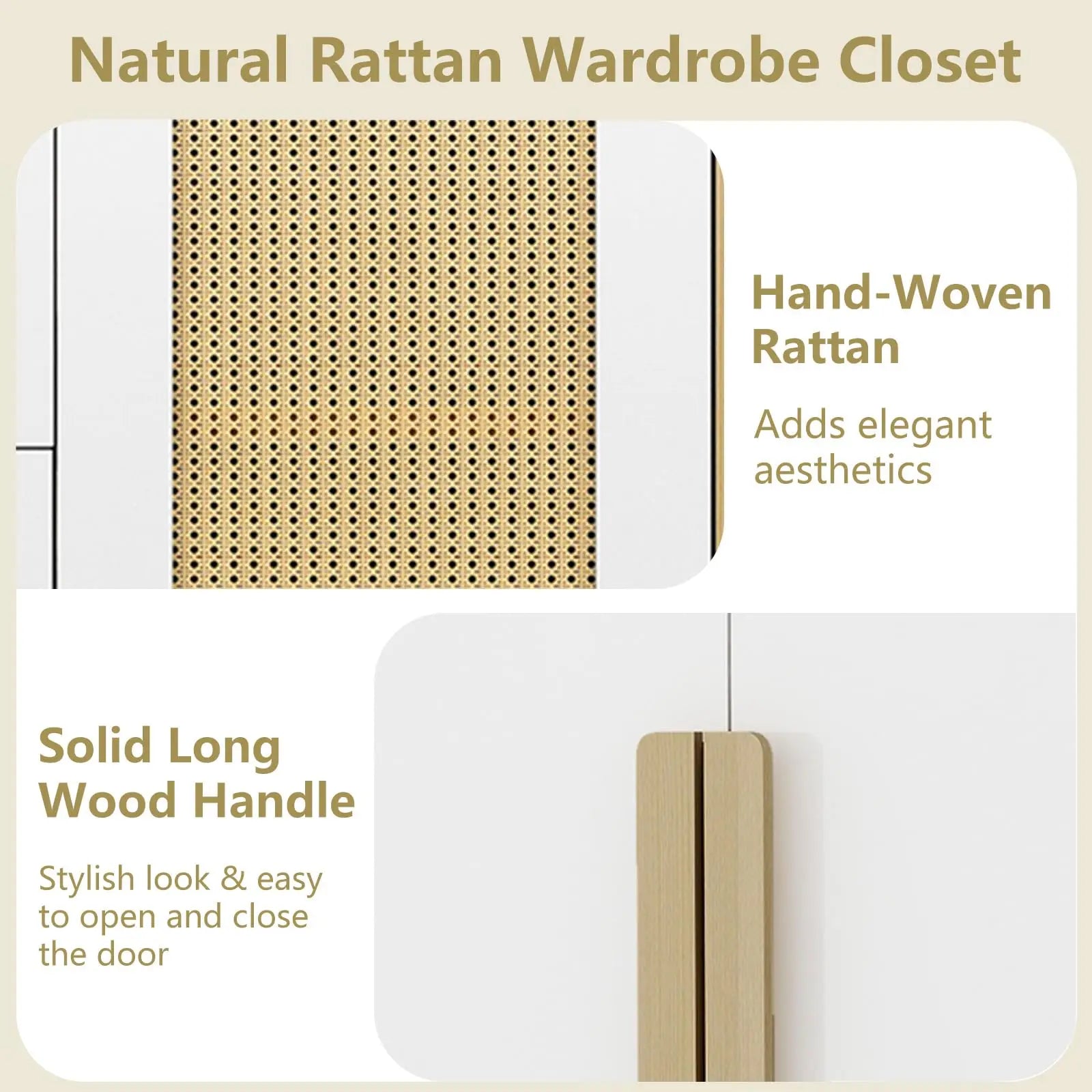 Armoire Wardrobe Closet with 2 Drawers and 3 Doors, Bedroom Armoire Wardrobe Cabinet with Hanging Rod and Rattan Door,Wooden Clo
