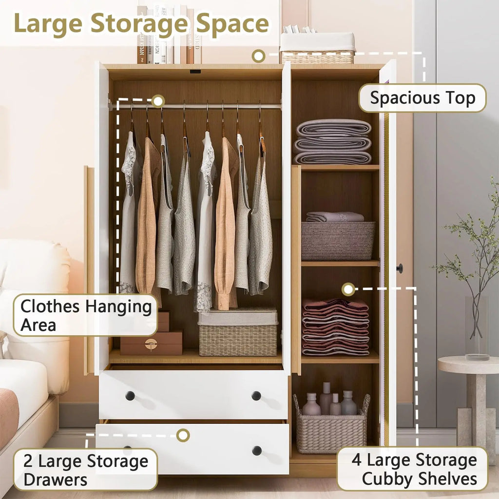 Armoire Wardrobe Closet with 2 Drawers and 3 Doors, Bedroom Armoire Wardrobe Cabinet with Hanging Rod and Rattan Door,Wooden Clo
