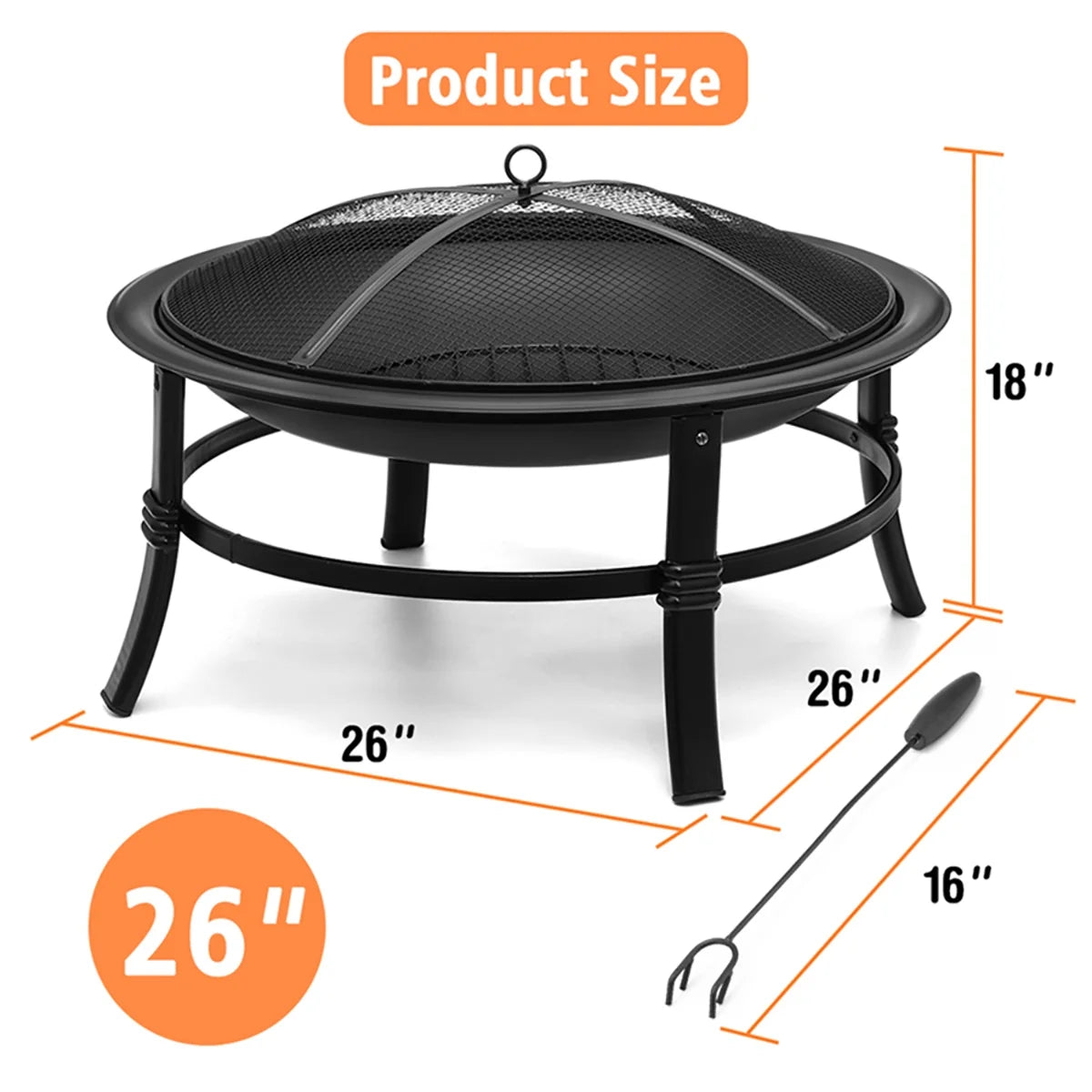 26 Inch Fire Pit for outside Portable Fire Pit Wood Burning Small Fire Bowl for Camping Picnic Bonfire Patio outside Backyard Garden Firepit with Log Grate, Poker
