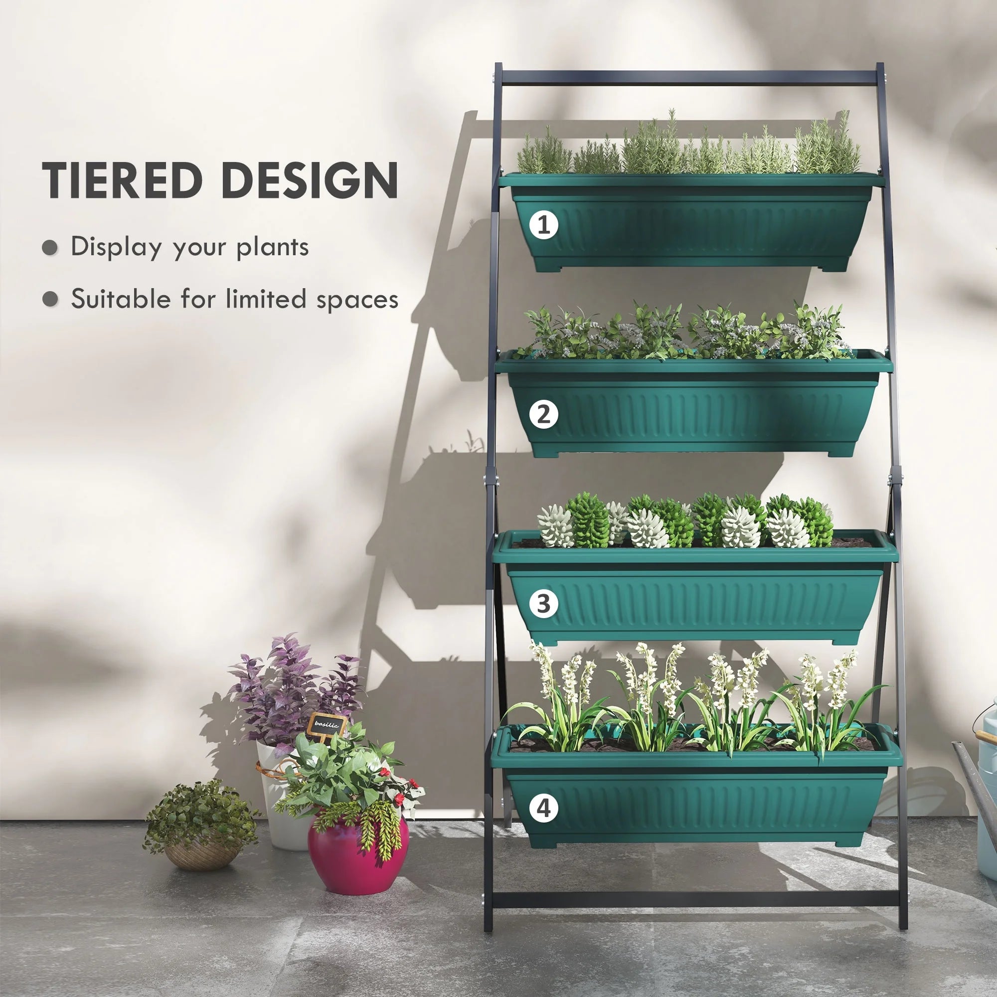 Raised Garden Bed, 4 Tier Vertical Garden Planter Set, 4 Outdoor Planter Boxes with Stand, Self Draining Design Elevated Garden for Vegetable, Flowers & Herbs, Green