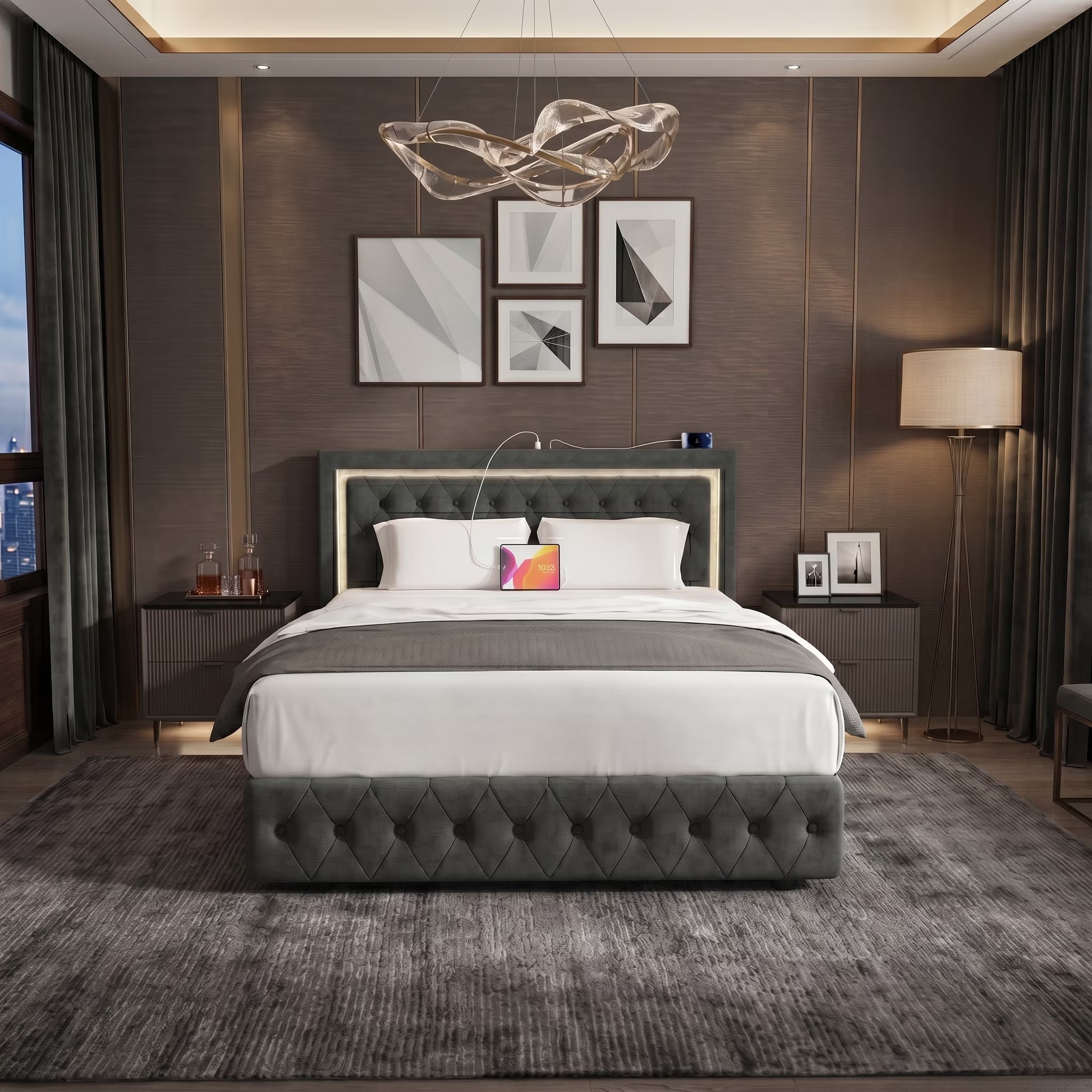 Queen Size Bed Frame Lift up Storage,With Charging Station & LED Lights,Usb Type C Port,Hydraulic Storage System,No Box Spring Needed，Easy Assembly, Beige