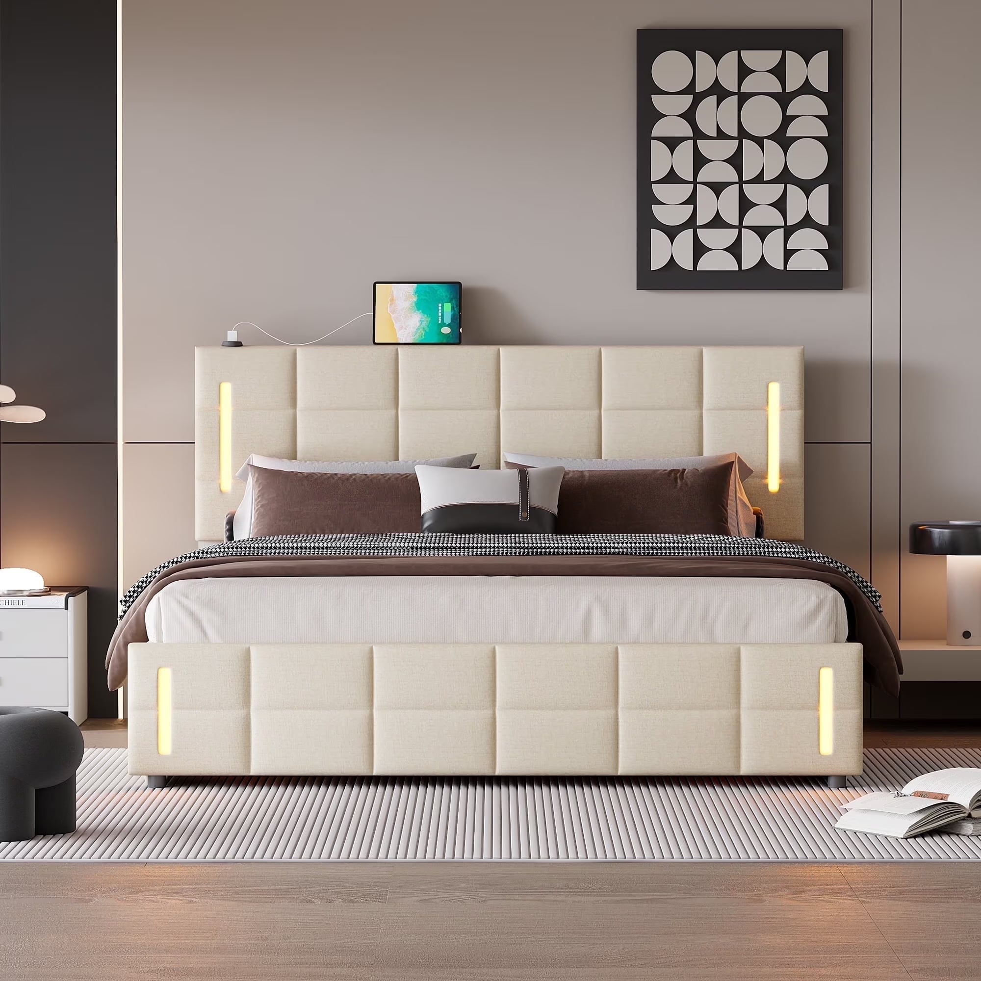 Queen Size Bed Frame Lift up Storage,With Charging Station & LED Lights,Usb Type C Port,Hydraulic Storage System,No Box Spring Needed，Easy Assembly, Beige