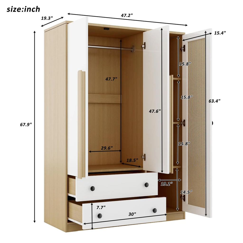 Armoire Wardrobe Closet with 2 Drawers and 3 Doors, Bedroom Armoire Wardrobe Cabinet with Hanging Rod and Rattan Door,Wooden Clo