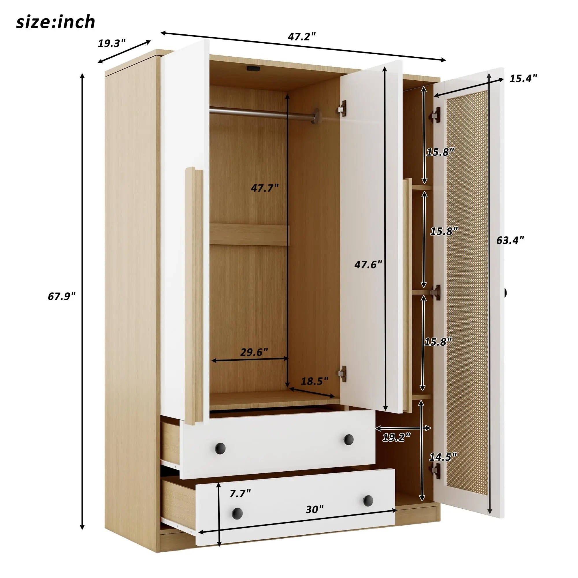 Armoire Wardrobe Closet with 2 Drawers and 3 Doors, Bedroom Armoire Wardrobe Cabinet with Hanging Rod and Rattan Door,Wooden Clo